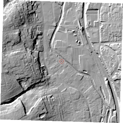 Shaded relief map of the ground around CM233EG, computed from Environment Agency LiDAR. The ground here sits at about 56 m above sea level and falls 25 m across the surrounding 800 m. Surface water reaching this point runs off ground lying to the west, 24.2 m higher.