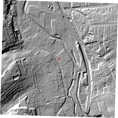 Shaded relief map of the ground around CM233FR, computed from Environment Agency LiDAR. The ground here sits at about 56 m above sea level and falls 24 m across the surrounding 800 m. Surface water reaching this point runs off ground lying to the west-north-west, 18.2 m higher.