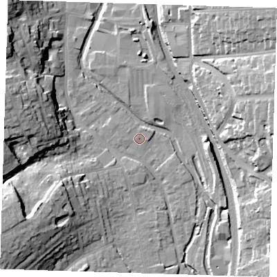 Shaded relief map of the ground around CM233FX, computed from Environment Agency LiDAR. The ground here sits at about 56 m above sea level and falls 24 m across the surrounding 800 m. Surface water reaching this point runs off ground lying to the west-north-west, 0.9 m higher.