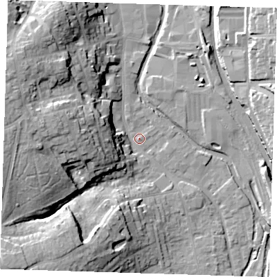 Shaded relief map of the ground around CM233GD, computed from Environment Agency LiDAR. The ground here sits at about 57 m above sea level and falls 27 m across the surrounding 800 m. Surface water reaching this point runs off ground lying to the west-north-west, 25.3 m higher.