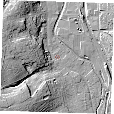 Shaded relief map of the ground around CM233GE, computed from Environment Agency LiDAR. The ground here sits at about 57 m above sea level and falls 27 m across the surrounding 800 m. Surface water reaching this point runs off ground lying to the south-west, 5.1 m higher.
