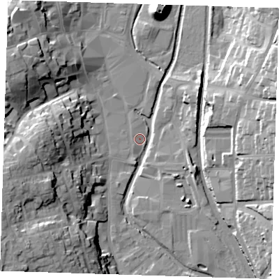 Shaded relief map of the ground around CM233GN, computed from Environment Agency LiDAR. The ground here sits at about 56 m above sea level and falls 25 m across the surrounding 800 m. Surface water reaching this point runs off ground lying to the south-south-west, 2.6 m higher.