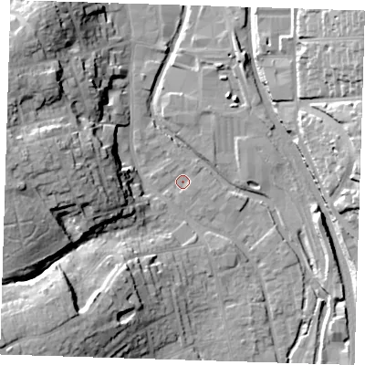 Shaded relief map of the ground around CM233HU, computed from Environment Agency LiDAR. The ground here sits at about 56 m above sea level and falls 25 m across the surrounding 800 m. Surface water reaching this point runs off ground lying to the west, 23.6 m higher.