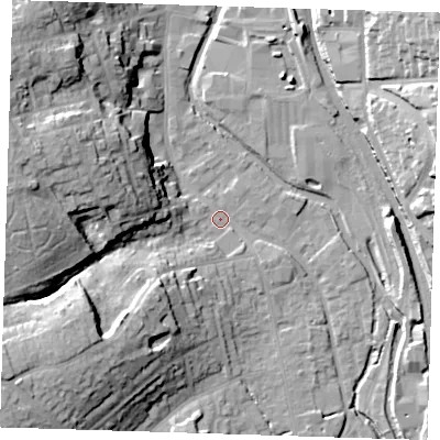 Shaded relief map of the ground around CM233JB, computed from Environment Agency LiDAR. The ground here sits at about 57 m above sea level and falls 26 m across the surrounding 800 m. Surface water reaching this point runs off ground lying to the west-north-west, 22.9 m higher.