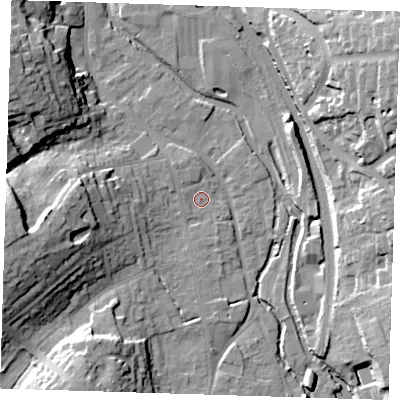 Shaded relief map of the ground around CM233JE, computed from Environment Agency LiDAR. The ground here sits at about 57 m above sea level and falls 23 m across the surrounding 800 m. Surface water reaching this point runs off ground lying to the west-south-west, 18.7 m higher.