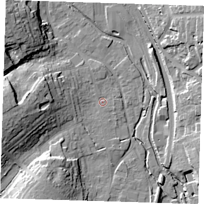 Shaded relief map of the ground around CM233JG, computed from Environment Agency LiDAR. The ground here sits at about 57 m above sea level and falls 23 m across the surrounding 800 m. Surface water reaching this point runs off ground lying to the west, 19.3 m higher.