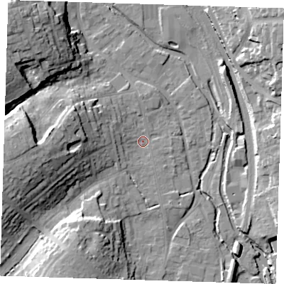 Shaded relief map of the ground around CM233JH, computed from Environment Agency LiDAR. The ground here sits at about 57 m above sea level and falls 24 m across the surrounding 800 m. Surface water reaching this point runs off ground lying to the west, 19.6 m higher.