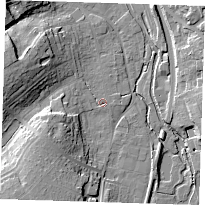 Shaded relief map of the ground around CM233JJ, computed from Environment Agency LiDAR. The ground here sits at about 57 m above sea level and falls 24 m across the surrounding 800 m. Surface water reaching this point runs off ground lying to the west, 1.8 m higher.
