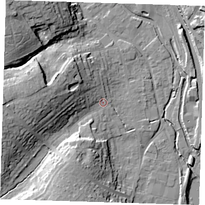 Shaded relief map of the ground around CM233JL, computed from Environment Agency LiDAR. The ground here sits at about 59 m above sea level and falls 25 m across the surrounding 800 m. Surface water reaching this point runs off ground lying to the west, 18.3 m higher.