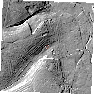 Shaded relief map of the ground around CM233JN, computed from Environment Agency LiDAR. The ground here sits at about 61 m above sea level and falls 27 m across the surrounding 800 m. Surface water reaching this point runs off ground lying to the west, 19.5 m higher.