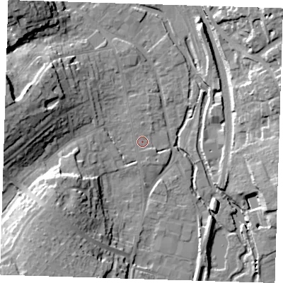 Shaded relief map of the ground around CM233JQ, computed from Environment Agency LiDAR. The ground here sits at about 57 m above sea level and falls 23 m across the surrounding 800 m. Surface water reaching this point runs off ground lying to the west-south-west, 0.7 m higher.