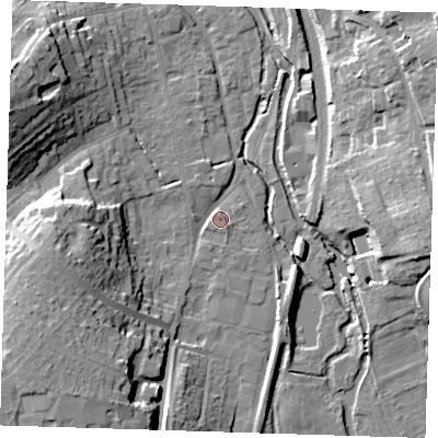 Shaded relief map of the ground around CM233JX, computed from Environment Agency LiDAR. The ground here sits at about 57 m above sea level and falls 23 m across the surrounding 800 m. Surface water reaching this point runs off ground lying to the south-west, 20.9 m higher.