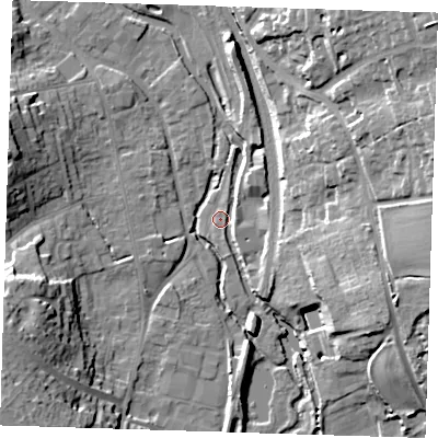 Shaded relief map of the ground around CM233LE, computed from Environment Agency LiDAR. The ground here sits at about 56 m above sea level and falls 27 m across the surrounding 800 m. Surface water reaching this point runs off ground lying to the west-south-west, 17.7 m higher.