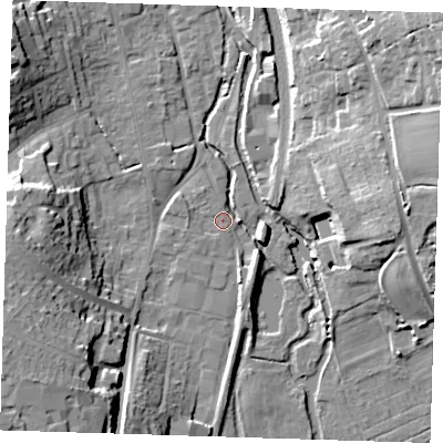Shaded relief map of the ground around CM233LJ, computed from Environment Agency LiDAR. The ground here sits at about 56 m above sea level and falls 23 m across the surrounding 800 m. Surface water reaching this point runs off ground lying to the west, 3.3 m higher.
