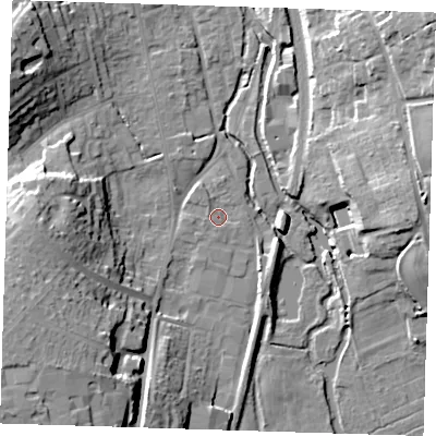 Shaded relief map of the ground around CM233LL, computed from Environment Agency LiDAR. The ground here sits at about 57 m above sea level and falls 23 m across the surrounding 800 m. Surface water reaching this point runs off ground lying to the north-west, 1.4 m higher.