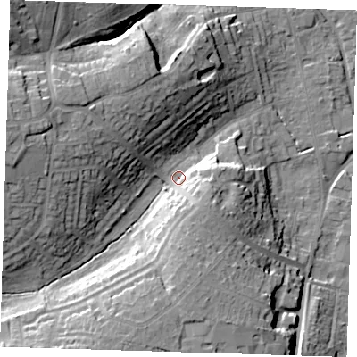 Shaded relief map of the ground around CM233NA, computed from Environment Agency LiDAR. The ground here sits at about 64 m above sea level and falls 26 m across the surrounding 800 m. Surface water reaching this point runs off ground lying to the west-north-west, 17.9 m higher.