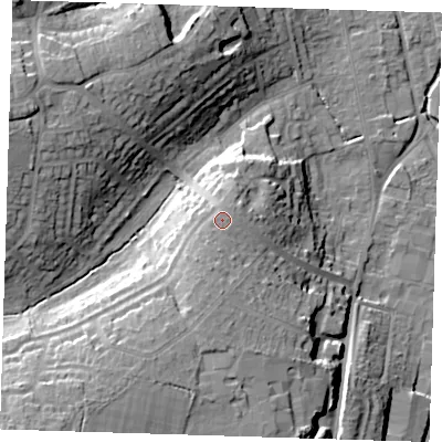 Shaded relief map of the ground around CM233NE, computed from Environment Agency LiDAR. The ground here sits at about 73 m above sea level and falls 28 m across the surrounding 800 m. Surface water reaching this point runs off ground lying to the south-south-west, 1.7 m higher.