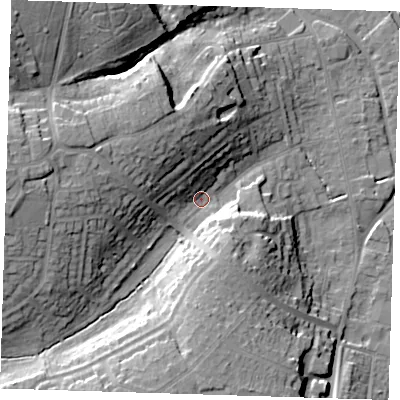 Shaded relief map of the ground around CM233NS, computed from Environment Agency LiDAR. The ground here sits at about 62 m above sea level and falls 27 m across the surrounding 800 m. Surface water reaching this point runs off ground lying to the west, 18.9 m higher.