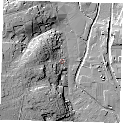 Shaded relief map of the ground around CM233SA, computed from Environment Agency LiDAR. The ground here sits at about 60 m above sea level and falls 29 m across the surrounding 800 m. Surface water reaching this point runs off ground lying to the west-south-west, 21.0 m higher.