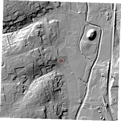 Shaded relief map of the ground around CM233UH, computed from Environment Agency LiDAR. The ground here sits at about 60 m above sea level and falls 29 m across the surrounding 800 m. Surface water reaching this point runs off ground lying to the west, 8.3 m higher.