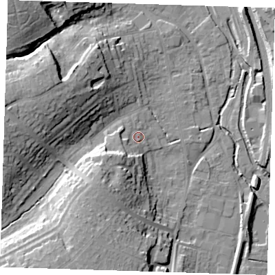 Shaded relief map of the ground around CM233US, computed from Environment Agency LiDAR. The ground here sits at about 59 m above sea level and falls 24 m across the surrounding 800 m. Surface water reaching this point runs off ground lying to the south-west, 9.1 m higher.