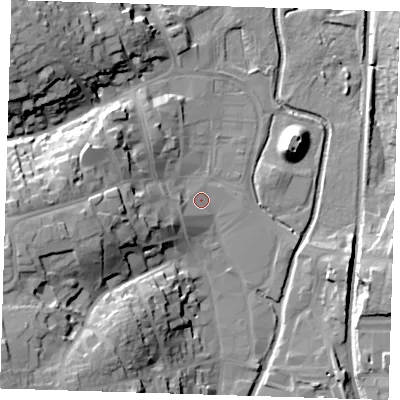 Shaded relief map of the ground around CM233XG, computed from Environment Agency LiDAR. The ground here sits at about 58 m above sea level and falls 28 m across the surrounding 800 m. Surface water reaching this point runs off ground lying to the west-south-west, 5.2 m higher.