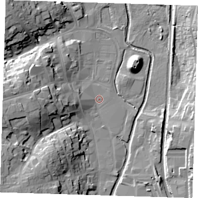 Shaded relief map of the ground around CM233XQ, computed from Environment Agency LiDAR. The ground here sits at about 57 m above sea level and falls 26 m across the surrounding 800 m. Surface water reaching this point runs off ground lying to the west, 5.7 m higher.