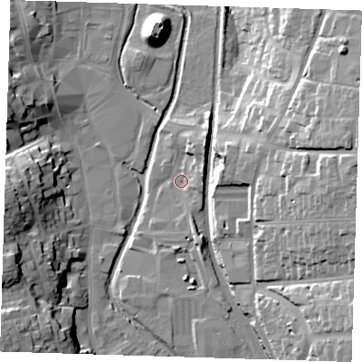 Shaded relief map of the ground around CM233XY, computed from Environment Agency LiDAR. The ground here sits at about 58 m above sea level and falls 24 m across the surrounding 800 m. Surface water reaching this point runs off ground lying to the north-north-east, 6.4 m higher.