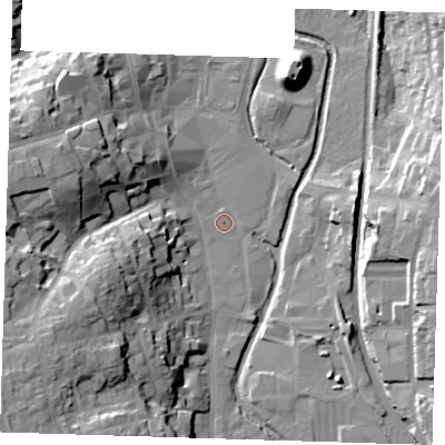 Shaded relief map of the ground around CM233YJ, computed from Environment Agency LiDAR. The ground here sits at about 57 m above sea level and falls 27 m across the surrounding 800 m. Surface water reaching this point runs off ground lying to the south-west, 25.1 m higher.
