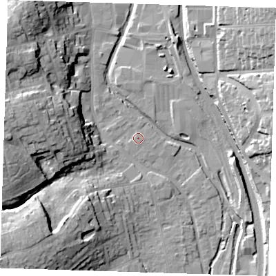 Shaded relief map of the ground around CM233YN, computed from Environment Agency LiDAR. The ground here sits at about 57 m above sea level and falls 25 m across the surrounding 800 m. Surface water reaching this point runs off ground lying to the west, 23.3 m higher.