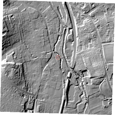 Shaded relief map of the ground around CM233YP, computed from Environment Agency LiDAR. The ground here sits at about 56 m above sea level and falls 24 m across the surrounding 800 m. Surface water reaching this point runs off ground lying to the west-south-west, 16.2 m higher.