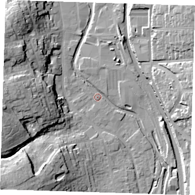 Shaded relief map of the ground around CM233YS, computed from Environment Agency LiDAR. The ground here sits at about 57 m above sea level and falls 25 m across the surrounding 800 m. Surface water reaching this point runs off ground lying to the west, 24.1 m higher.