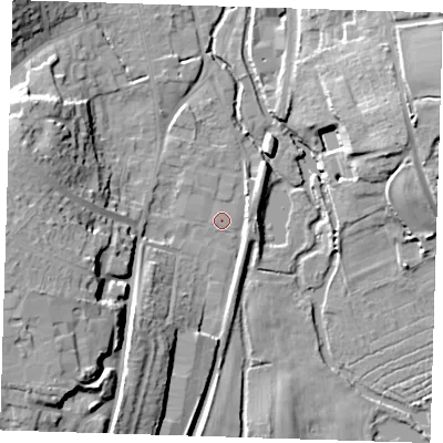 Shaded relief map of the ground around CM233YT, computed from Environment Agency LiDAR. The ground here sits at about 57 m above sea level and falls 23 m across the surrounding 800 m. Surface water reaching this point runs off ground lying to the west-south-west, 21.1 m higher.