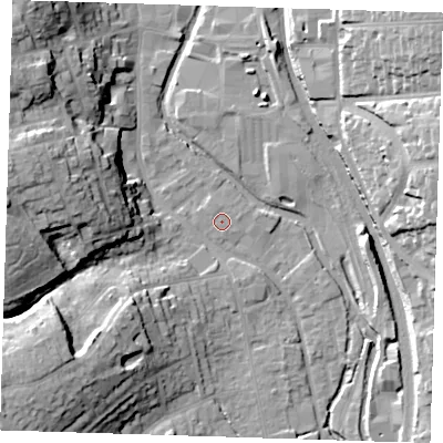 Shaded relief map of the ground around CM233YW, computed from Environment Agency LiDAR. The ground here sits at about 57 m above sea level and falls 25 m across the surrounding 800 m. Surface water reaching this point runs off ground lying to the north-west, 0.5 m higher.
