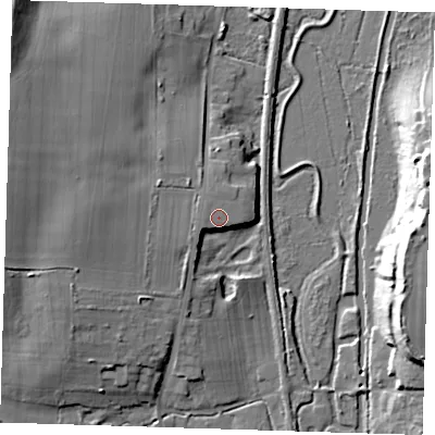 Shaded relief map of the ground around CM234AU, computed from Environment Agency LiDAR. The ground here sits at about 58 m above sea level and falls 20 m across the surrounding 800 m. Surface water reaching this point runs off ground lying to the west-north-west, 0.5 m higher.