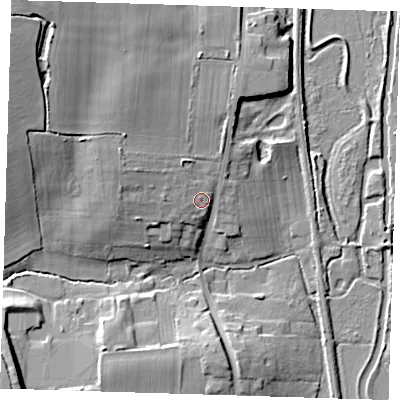 Shaded relief map of the ground around CM234AX, computed from Environment Agency LiDAR. The ground here sits at about 57 m above sea level and falls 20 m across the surrounding 800 m. Surface water reaching this point runs off ground lying to the west-north-west, 5.2 m higher.