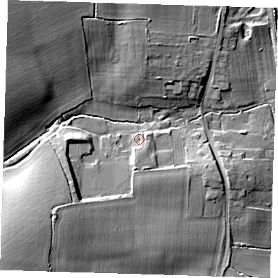 Shaded relief map of the ground around CM234AY, computed from Environment Agency LiDAR. The ground here sits at about 56 m above sea level and falls 24 m across the surrounding 800 m. Surface water reaching this point runs off ground lying to the south, 4.0 m higher.