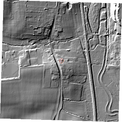 Shaded relief map of the ground around CM234BA, computed from Environment Agency LiDAR. The ground here sits at about 56 m above sea level and falls 18 m across the surrounding 800 m. Surface water reaching this point runs off ground lying to the south, 4.3 m higher.