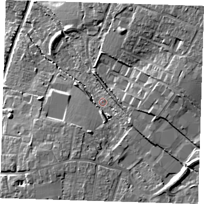 Shaded relief map of the ground around CM235AN, computed from Environment Agency LiDAR. The ground here sits at about 74 m above sea level and falls 23 m across the surrounding 800 m. Surface water reaching this point runs off ground lying to the south-east, 12.2 m higher.