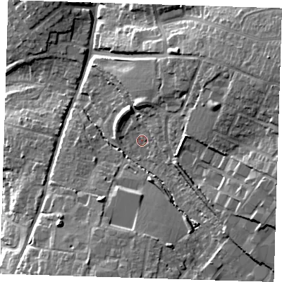 Shaded relief map of the ground around CM235AP, computed from Environment Agency LiDAR. The ground here sits at about 71 m above sea level and falls 24 m across the surrounding 800 m. Surface water reaching this point runs off ground lying to the east-north-east, 13.9 m higher.