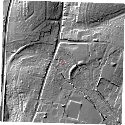 Shaded relief map of the ground around CM235AS, computed from Environment Agency LiDAR. The ground here sits at about 69 m above sea level and falls 28 m across the surrounding 800 m. Surface water reaching this point runs off ground lying to the east-south-east, 3.3 m higher.