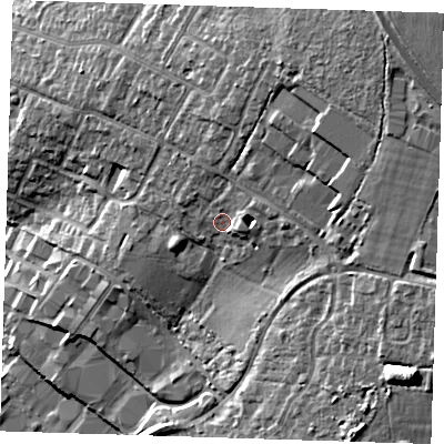 Shaded relief map of the ground around CM235AZ, computed from Environment Agency LiDAR. The ground here sits at about 87 m above sea level and falls 22 m across the surrounding 800 m. Surface water reaching this point runs off ground lying to the east-north-east, 3.0 m higher.