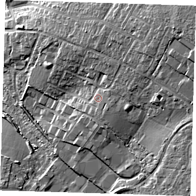 Shaded relief map of the ground around CM235BJ, computed from Environment Agency LiDAR. The ground here sits at about 84 m above sea level and falls 23 m across the surrounding 800 m. Surface water reaching this point runs off ground lying to the east-north-east, 6.6 m higher.