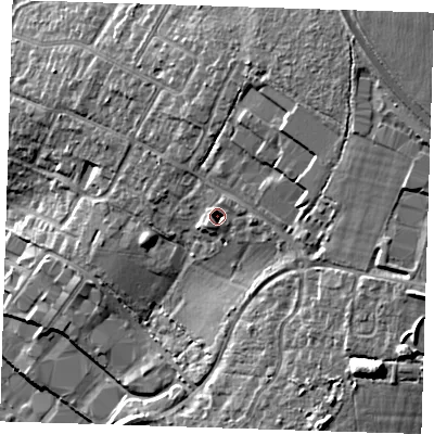 Shaded relief map of the ground around CM235FA, computed from Environment Agency LiDAR. The ground here sits at about 87 m above sea level and falls 22 m across the surrounding 800 m. Surface water reaching this point runs off ground lying to the north-east, 2.9 m higher.