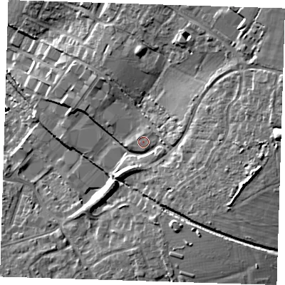 Shaded relief map of the ground around CM235NZ, computed from Environment Agency LiDAR. The ground here sits at about 83 m above sea level and falls 21 m across the surrounding 800 m. Surface water reaching this point runs off ground lying to the east-north-east, 1.3 m higher.