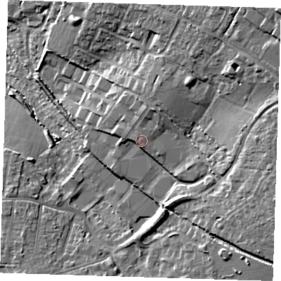 Shaded relief map of the ground around CM235PN, computed from Environment Agency LiDAR. The ground here sits at about 82 m above sea level and falls 22 m across the surrounding 800 m. Surface water reaching this point runs off ground lying to the north-north-east, 4.7 m higher.
