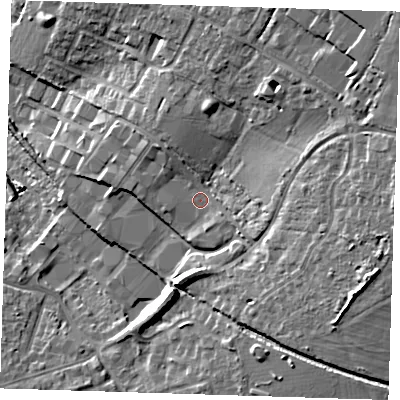 Shaded relief map of the ground around CM235TT, computed from Environment Agency LiDAR. The ground here sits at about 82 m above sea level and falls 21 m across the surrounding 800 m. Surface water reaching this point runs off ground lying to the north-east, 12.2 m higher.