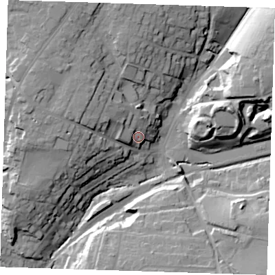 Shaded relief map of the ground around CM248AG, computed from Environment Agency LiDAR. The ground here sits at about 77 m above sea level and falls 27 m across the surrounding 800 m. Surface water reaching this point runs off ground lying to the north-west, 10.4 m higher.