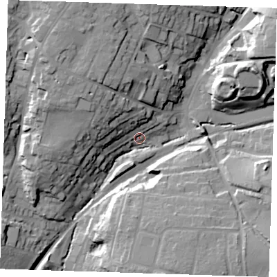 Shaded relief map of the ground around CM248AX, computed from Environment Agency LiDAR. The ground here sits at about 69 m above sea level and falls 27 m across the surrounding 800 m. Surface water reaching this point runs off ground lying to the north-west, 18.2 m higher.