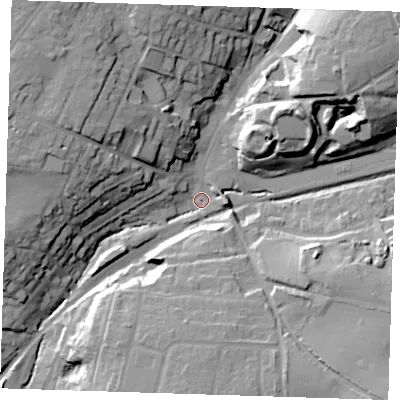 Shaded relief map of the ground around CM248BE, computed from Environment Agency LiDAR. The ground here sits at about 67 m above sea level and falls 27 m across the surrounding 800 m. Surface water reaching this point runs off ground lying to the north-west, 24.8 m higher.